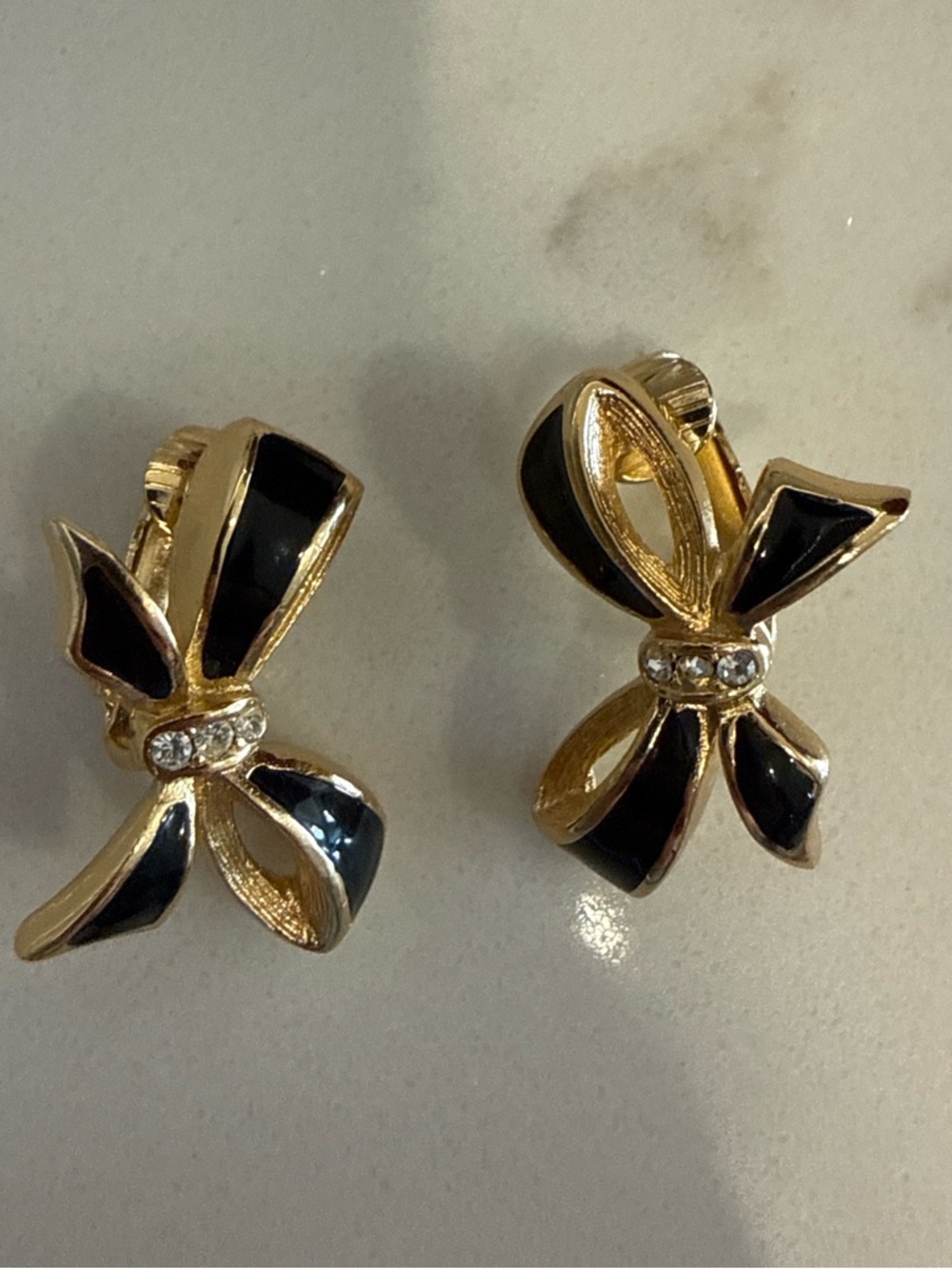 Christian Dior Bow Earrings Black Enamel Rhinestone Gold Clip On